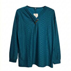 NWT | Yathon Turquoise Long Sleeve Top | Textured Knit | Button V-Neck | Small